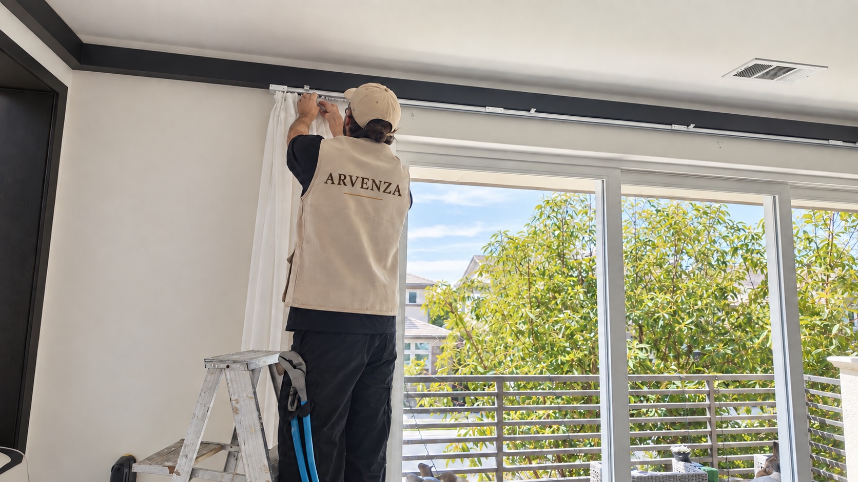 An Arvenza installer attaching curtain panels to a ceiling-mounted track